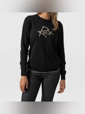 Black Crewneck Sweater with Metallic 'Rock' Script & Trim